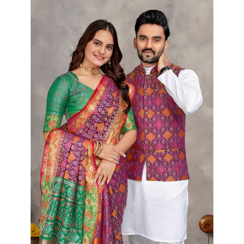 Saree And Men's Kurti Payzama Combo Set - Image 2